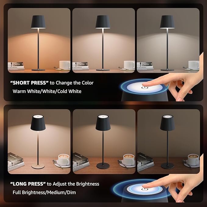 uuffoo 2 Pack Cordless Table Lamp Rechargeable 5000mAH Battery Operated Lights Touch Control LED Portable Desk Lamps 3 Color Dimming for Outdoor Coffee Bedroom Kitchen (Black)