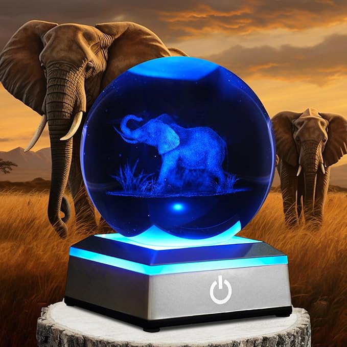 3D Elephant Crystal Ball Night Light 3.15 inch Glass Ball Table Lamp with Color Changing Touch Base Decor Ideal Elephant Gifts for Women Men Kids Christmas Birthday