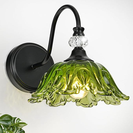 1 Piece Black Wall Sconce with Floral Green Glass Shade, Black Farmhouse Wall Mount Lighting for Bathroom,Vintage Bathroom Vanity Light Fixture