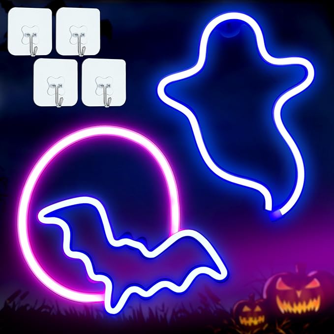 Amylove 2 Pcs Halloween Decoration LED Neon Sign Lights, Ghost and Bat LED Neon Lights, Glowing Moon Hanging Sign USB/Battery Powered for Halloween Party Wall Window Decor Gift Indoor