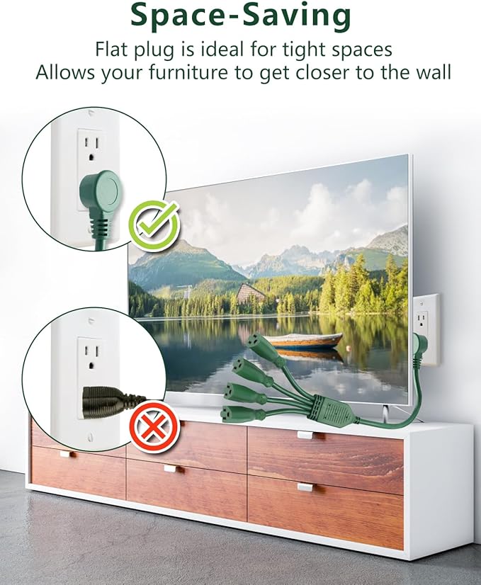 Flat Extension Cord Splitter 1 to 4, 90 Degree Plug Adapter 14AWG SJTW 15A 1875W, 4 Way Outlet Plug Splitter 3 Prong, Outdoor Plug Splitter 2.3ft Heavy Duty Cable for Indoor or Outdoor use, Green.