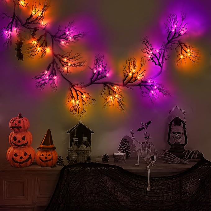 [ 8 Modes & Timer ] 6 Ft 45 LED Halloween Willow Vine Twig Garland Decorations Orange & Purple Lights, Battery Operated Waterproof Halloween Decorations for Home Wall Fireplace Mantle Decor
