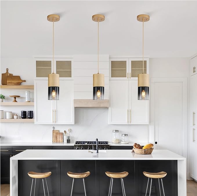 Gold Pendant Light Fixtures, Adjustable Modern Black Pendant Lights for Kitchen Island, Industrial Glass Pendant Lights for Dining Table Hallway Bedroom Living Room,1 Pack