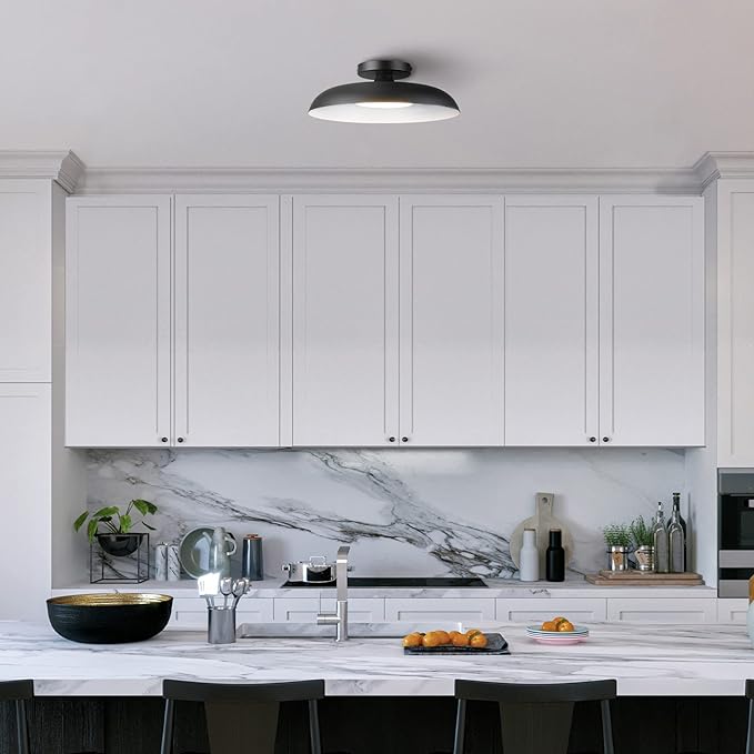 GLOBE Electric 66000075 1-Light 21W Dimmable LED Flush Mount Ceiling Light, Matte Black, White Interior Shade, 800 Lumens, 3000 Kelvin, 90 CRI, Ceiling Light for Bedroom, Lighting for Hallway