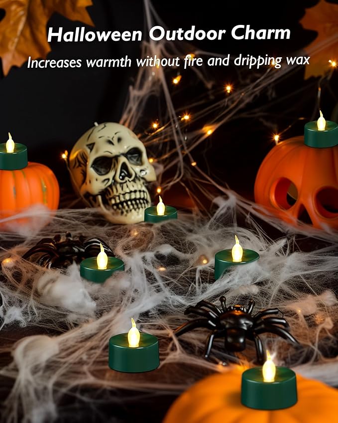 Green LED Candles, 24 Pack Tea Lights Candles Battery Operated, Flameless Tealight Candle, Realistic Tea Lights for Halloween Christmas Party Decor Mardi Gras