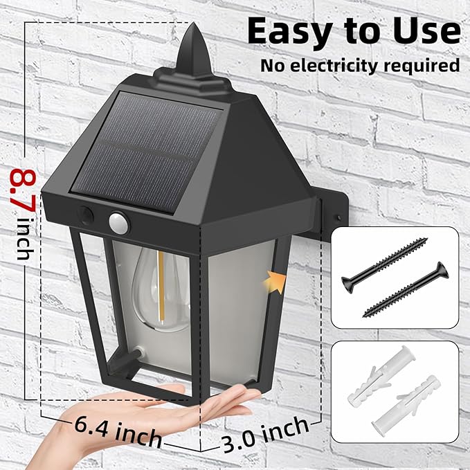 DERAYSION Solar Porch Lights Outdoor, 9 Inch Solar Wall Lanterns with Motion Sensor, 3 Mode Adjustable Brightness Waterproof Outdoor Solar Lights for Porch Door Patio Fence Garage -2 Pack