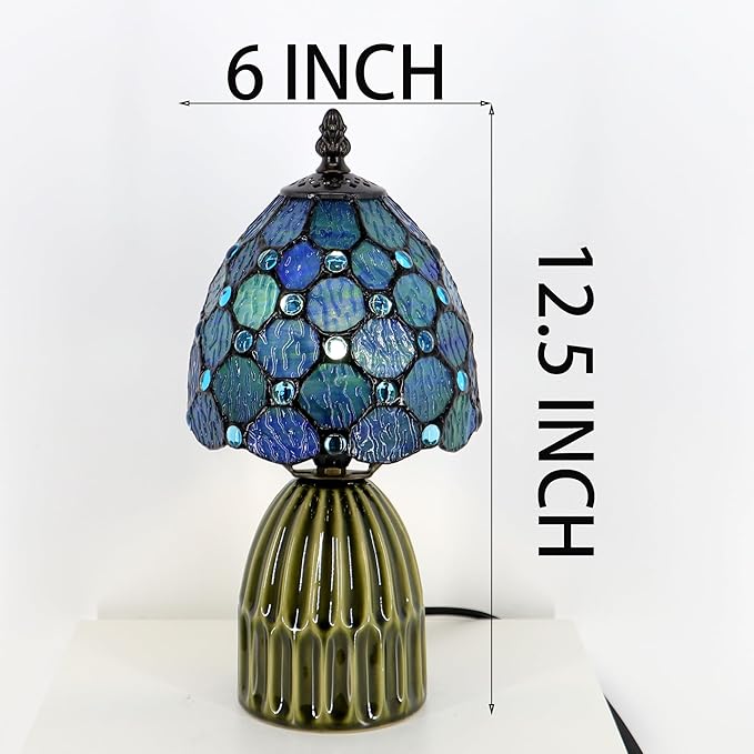 Tiffany Lamp Stained Glass Mushroom Table Lamps 6X6X12.5 Inch Blue Ripple Pearl Style Small Night Light Ceramic Base Mini Accent Desk Light Suitable for Bedside Table Bedroom Children Room
