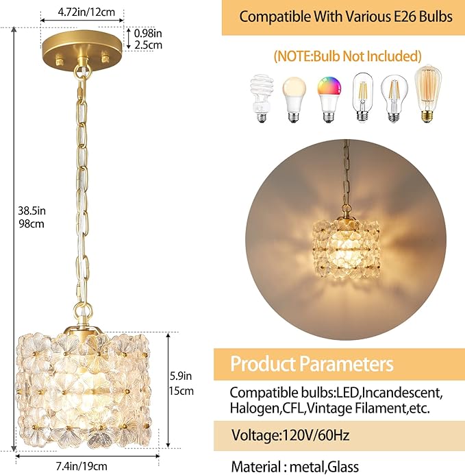 Crystal Pendant Light, Gold Adjustable Hanging Ceiling Light Fixture Modern Pendant Lighting for Kitchen Island, Dining Room, Living Room, Bedroom