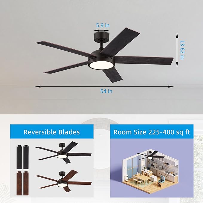54 Inch Ceiling Fan with Light and Remote, Modern Farmhouse Ceiling fan with 5 Blade, Dimmable 3 Speed Reversible for Dining Room, Living Room, Oil Rubbed Bronze