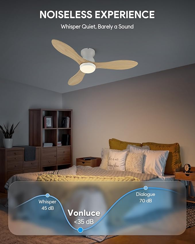 VONLUCE Ceiling Fans with Lights, 42 Inch Ceiling Fan and Remote, 6-Speeds Noiseless Reversible DC Motor, 3CCT, Wood Ceiling Fan for Farmhouse Bedroom Indoor Outdoor, White