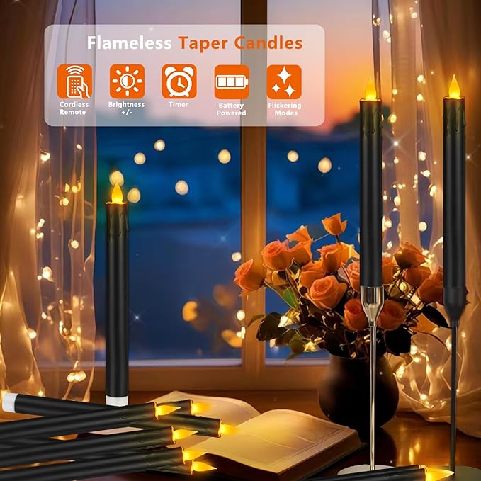 Flameless Taper Candles 10.6" Dripless Battery Operated Taper Candles Included Remote Timer 400+ Hours by 2AA Batteries for Halloween Christmas Wedding (Black, 6 Pack)