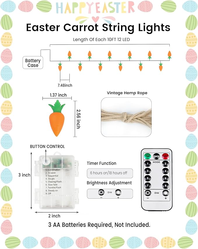 YIQU Easter Decoration String Lights, 10FT 12LED Indoor Carrot Mantel Garland Battery Operated with Remote Timer 8 Modes, Hemp Rope Banner for Fireplace Table Wall Spring Party Indoor Outdoor Decor