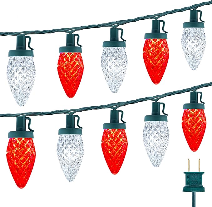 Brightown C9 LED Christmas String Lights, 2 Pack Total 132ft 200LED Outdoor Lights String, Plug-in Connectable Waterproof Roofline Lights String for Outside Yard Christmas Holiday Decor, Red and White