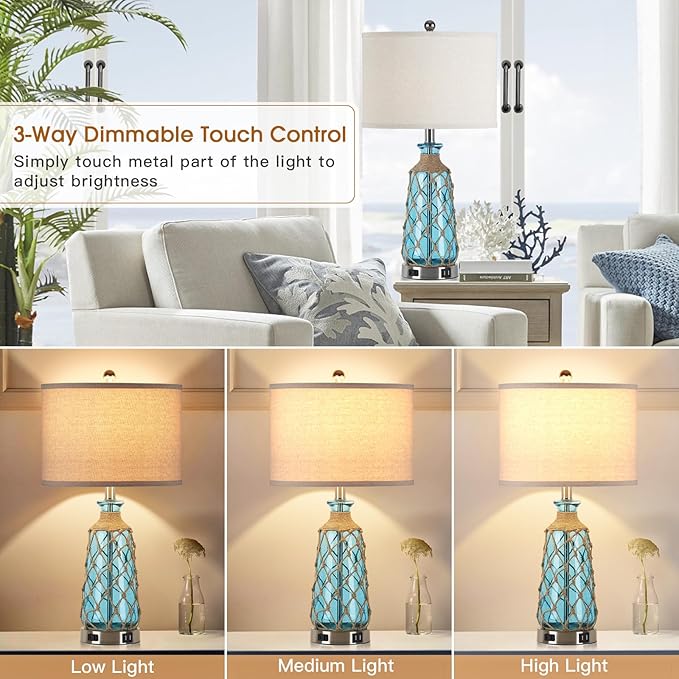 Coastal Glass Table Lamps, 3-Way Dimmable Touch Control Bedside Lamps with 2 USB Ports and AC Outlet, Teal Nautical Nightstand Lamps for Bedroom Living Room (LED Bulbs Included)
