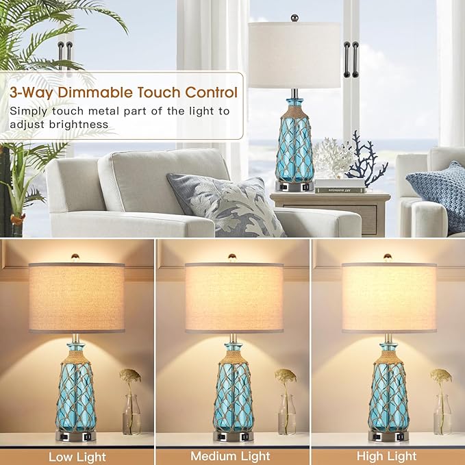25.5" Coastal Glass Table Lamps Set of 2, 3-Way Dimmable Touch Control Bedside Lamps with 2 USB Ports and AC Outlet, Blue Nautical Nightstand Lamps for Bedroom Living Room (LED Bulbs Included)