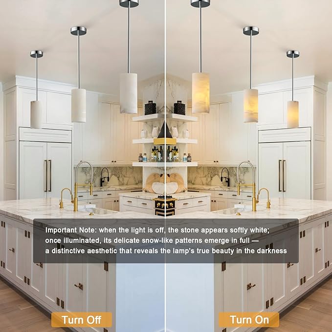 Alabaster Pendant Light Kitchen Island, H-9.5in Nickel Pendant Light Fixtures with Natural Marble Shade, Adjustable Ceiling Pendant for Dining Room, Living Room, Bedroom & Bathroom