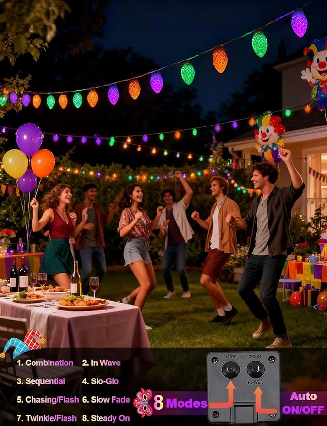 Mardi Gras String Lights C7 50L Halloween Solar Lights Outdoor Yellow Green Purple Light Outdoor Lighting with 8 Modes for Mardi Gras Party Patio Garden Tree Yard
