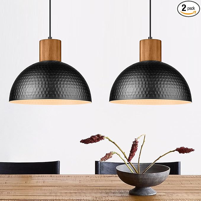 ELYONA 2 Pack Hammered Pendant Lights, 12" Industrial Metal Dome Hanging Lamp, Solid Wood Pendant Light Fixtures for Kitchen Island, Bar, Farmhouse, Dining Room, Bedroom, Hallway, Black
