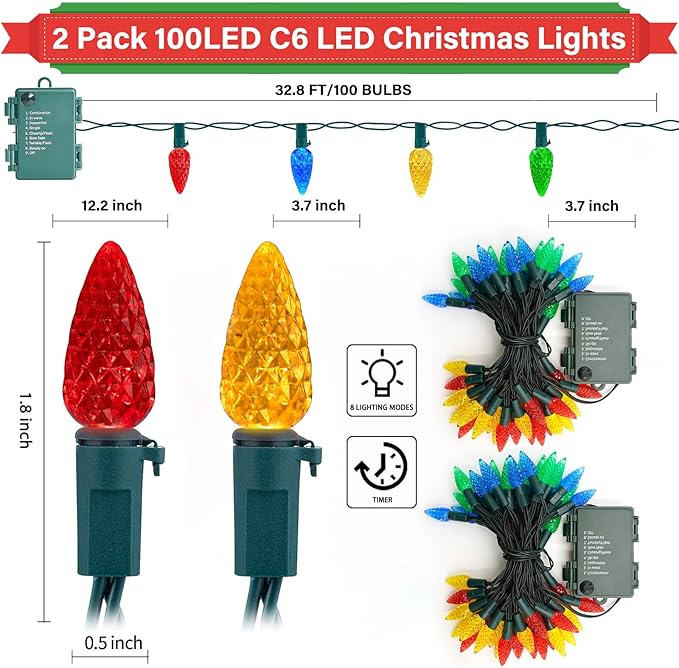 2 Pack 100LED C6 Christmas Lights Battery Operated, 16.4FT C6 Christmas Lights Battery Powered with Timer, 8 Modes, Waterproof for Outdoor Garden Patio Indoor Xmas Tree Bedroom Party, Multi-Color