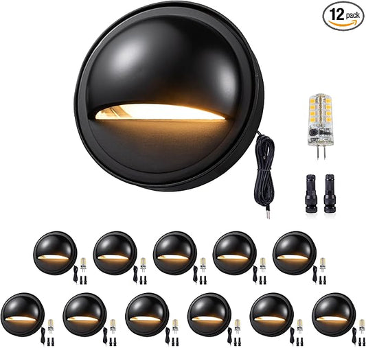 Gardenreet Landscape LED Step Lights - Solid Brass Low Voltage Deck Light, Outdoor 12V Hardwired IP65 Waterproof, Black Round for Wall Garden Stair with 2700K Warm White G4 Bulb 12 Pack