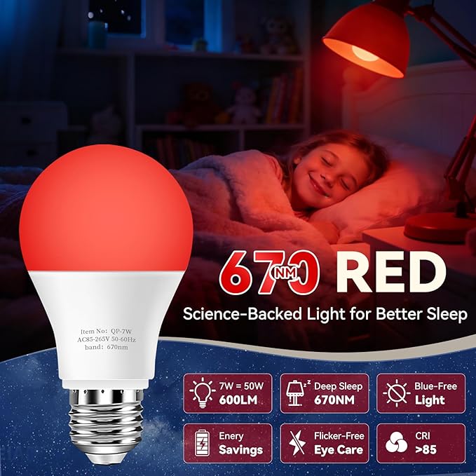 Neporal 7W 670nm Red Light Bulbs for Sleep - 100% Blue Light Blocking Bulbs for Melatonin Promote, A19 50W Equivalent Dim LED Red Light Bulb for Lamps, Bedroom Sleeping, Reading, Baby Nursery, 3-Pack