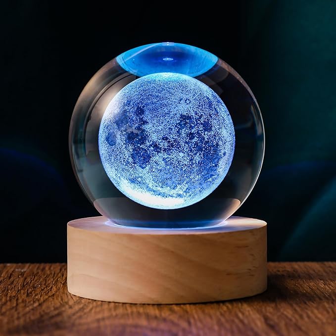 3D Moon 60mm Crystal Ball Astronomy Universe Gifts 3D Moon Model Led Lamp Globe Night Light Physics Gifts for Kids Men Women Him Her Dad Science Teacher