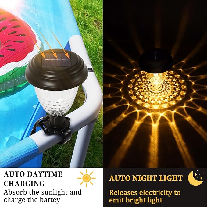 8 Pack Solar Pool Lights for Above Ground Pools, IP65 Waterproof LED Solar Charging and Auto Lights at Night, Essential Accessory for Summer Backyard Fence, Swimming Pool Enclosure Warm Lighting