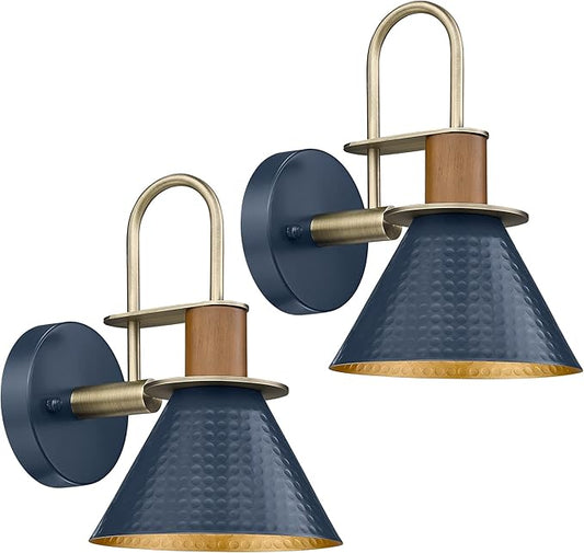 Rustic Wall Sconces Set of Two, HWH Indoor Wall Sconce 1-Light Barn Vanity Light, Gooseneck Barn Wall Lamp for Bathroom Bedroom Kitchen, Hammered Metal Shade, Navy Blue Finish, 5HZG74B-2L BL+BG