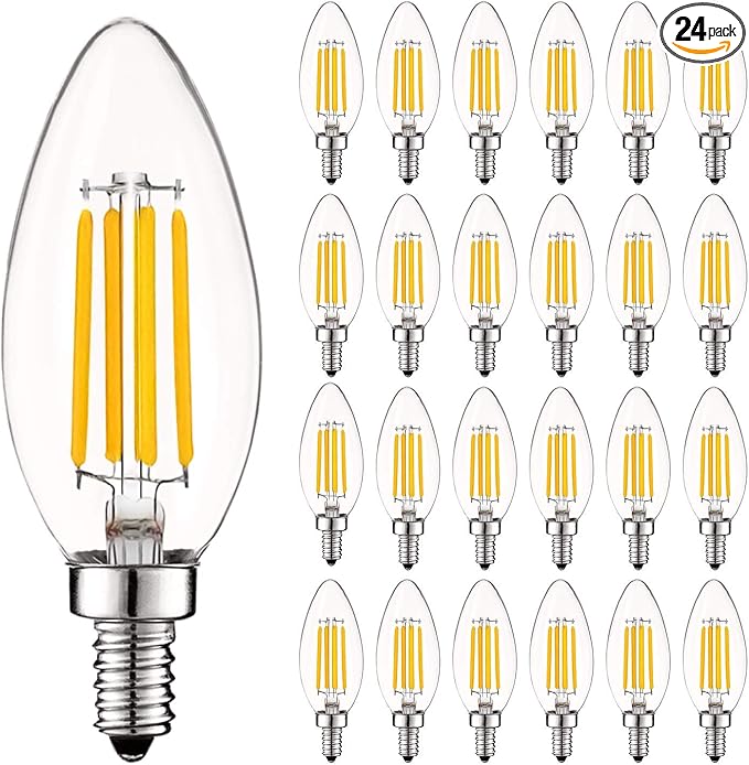LUXRITE Vintage Candelabra LED Bulb, 60W Equivalent, 550 Lumens, 3500K Natural White, Dimmable, Clear Glass, Filament LED Candle Bulbs, UL Listed, E12 Base (24 Pack)
