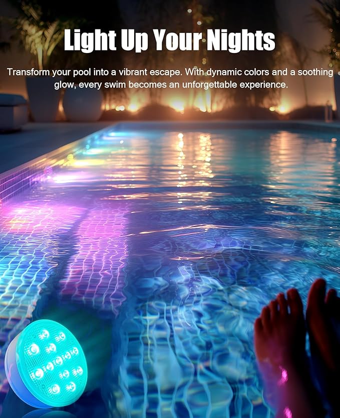 SUNDISC 3000mAh Rechargeable Submersible Pool Lights, IP68 Waterproof Waterproof Underwater Charging Battery Operated Controlled 16 Color Changing LED with Magnet Floating Lights 4 Pack