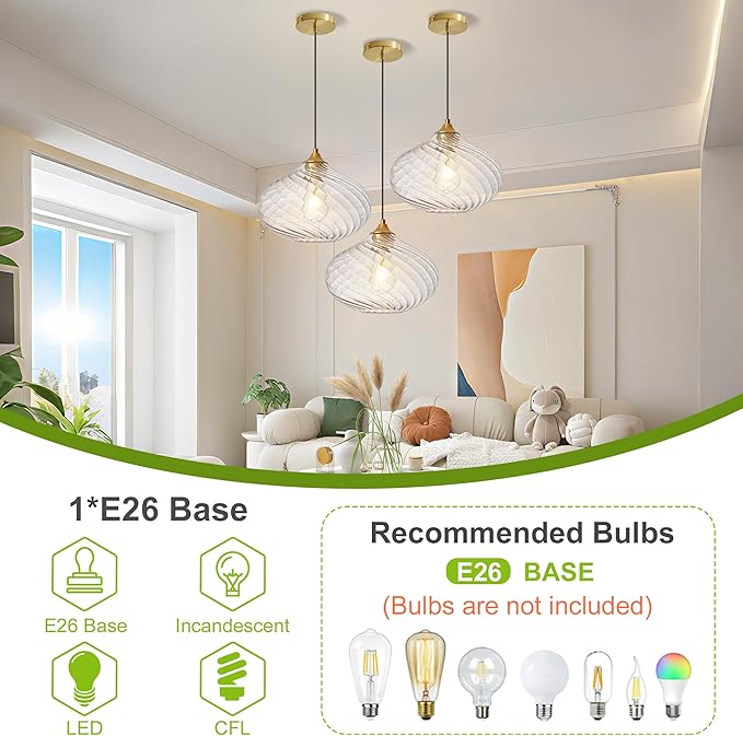 Glass Pendant Lights Kitchen Island, Brass Gold Pendant Lighting Fixtures, Modern Hanging Ceiling Light with 11'' Striped Clear Glass Shade for Farmhouse Dining Room Bedroom Hallway(1 Pack)