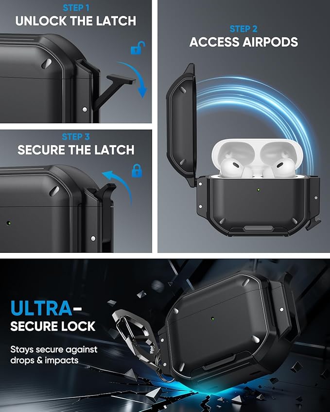 MoKo for AirPods Pro 3 Case with Secure Lock - IP68 Waterproof Case for iPods Pro 3, Military-Grade Protective Cover Earpods Pro 3 with Keychain, Phone Stand & Cleaner Kit, Black