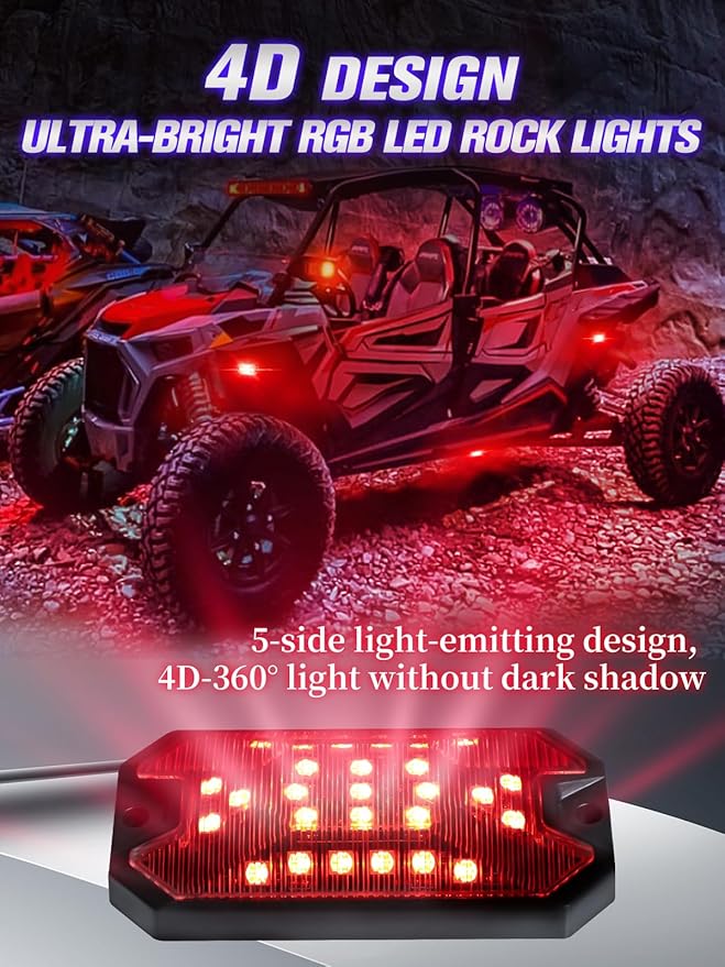 12Pods 5 Sides Full Angle RGB LED Rock Lights Kits High Brightness 27 Beads RGBW 5050 IP68 Waterproof Underglow Multicolor Exterior Wheel Rock Lights for 12V Trucks Jeep Offroad Pickup UTV ATV RZR SUV