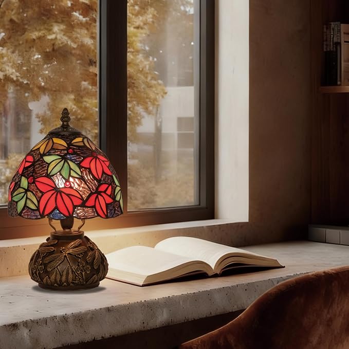 Tiffany Stained Glass Mushroom Table Lamp 8" Purple Blue Red Maple Leaf Floral Shade Nightstand Light for Bedroom Dorm Living Coffee Office Housewarming Gift (Purple Blue Maple Leaf)