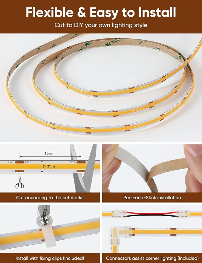 COB LED Strip Lights 4000K Natural White Music Sync Bluetooth LED Lights with DC24V Adapter Remote Smart App Control 16.4ft/5m CRI90+ Touchable LED Rope Lights for Bedroom Kitchen DIY Decor