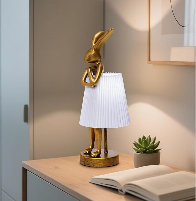 Bunny Cordless Table Lamp with 5000mAh Battery,Rechargeable Resin Rabbit Lamp with Pleated Shade Stepless Dimmable LED Small Cute Animal Light for Kids Room Home Decor Adult Gift(White)