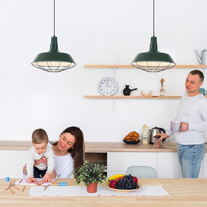 Green Farmhouse Pendant Lights Kitchen Island 1 Pack, 18.1 Inch Large Barn Pendant Light, Oversized Industrial Pendant Light with Wire Cage, Island Pendant Lights for Kitchen Barn Warehouse