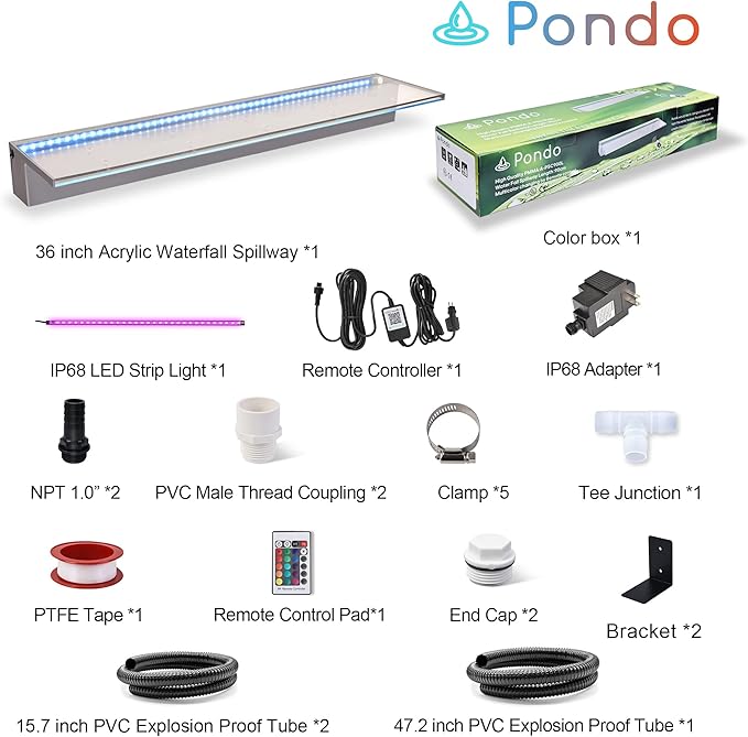PONDO 36'' APP Pool Waterfall with 16 Colors LED Lights, Acrylic Pond Fountain Set for Outdoor Decorations, Patio Waterfall Spillway Kit on The Wall for Garden, Easy Installation