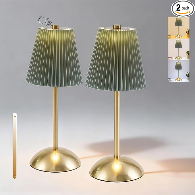 2-Pack Battery Powered Table Lamps Rechargeable, 3CCT & Stepless Dimming, LED Cordless Touch Lamp for Indoor Outdoor Placement on Nightstand Desk Patio, 4.5" W x 11.5" H (Moss Green)