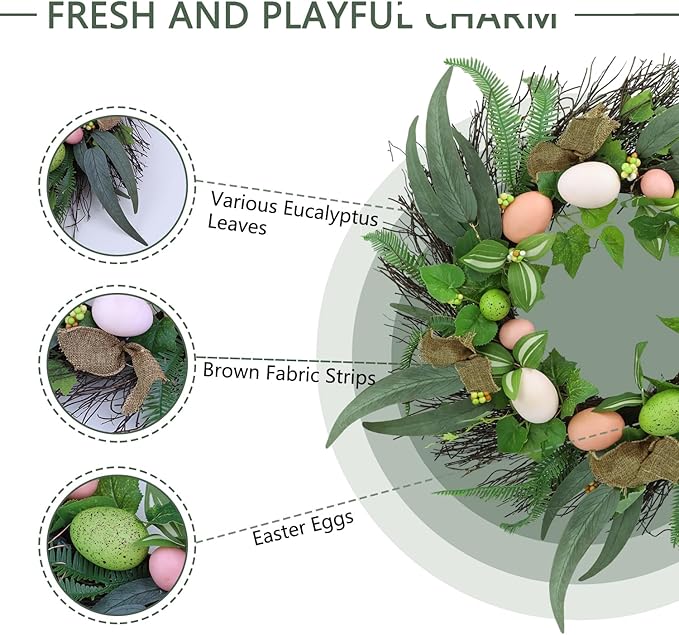 20 Inchs Spring Easter Wreath, Farmhouse Artificial Spring Wreath, Decor with Colorful Easter Eggs, Brown Fabric Strips & Green Eucalyptus Leaves, for Door Wall Window Fences