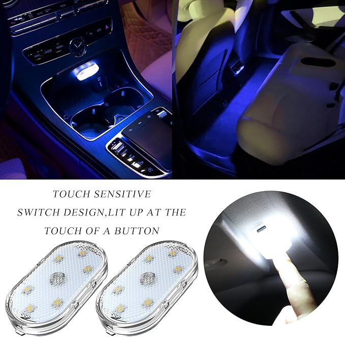 2 PCS Car LED Lights Interior Wireless, Magnetic Car Ambient Lighting with 6 Bright LED Lamp Beads, Portable USB Rechargeable Vehicle Interior Led Night Light for Car (Blue)