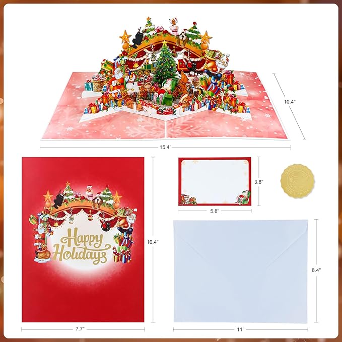 FaCraft Musical Christmas Cards, with Lights and Music, 15.4 x 10.4 inch Handmade 3D Large Pop Up Christmas Card, with Envelope Blank Insert and Seal for Winter Holidays New Year (Dogs Cats Party)