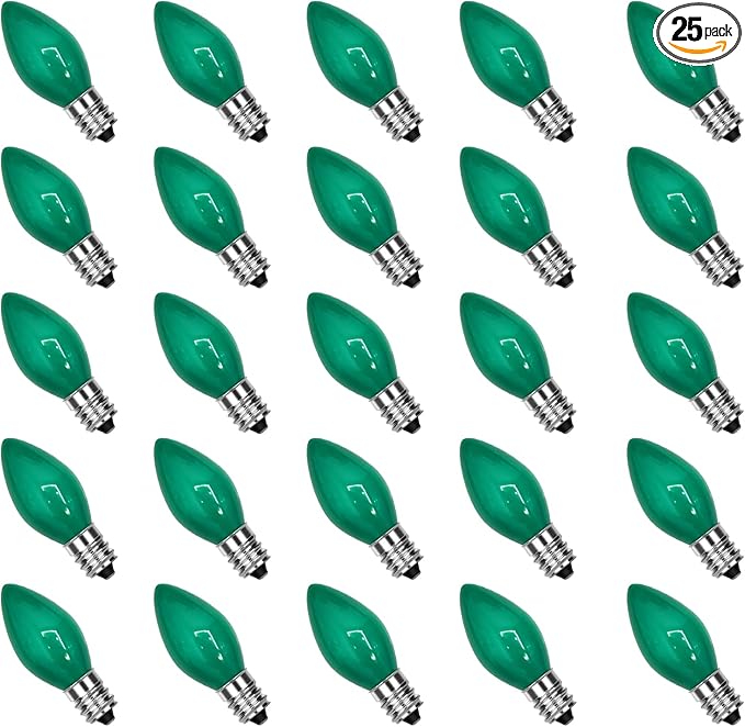 25 Pack C7 LED Replacement Christmas Light Bulb, C7 Green Replacemen Bulbs for Outdoor String Lights Window Candles Chandeliers Salt Lamp, E12 LED Bulb Dimmable, 0.6W Night Light Bulb -Green