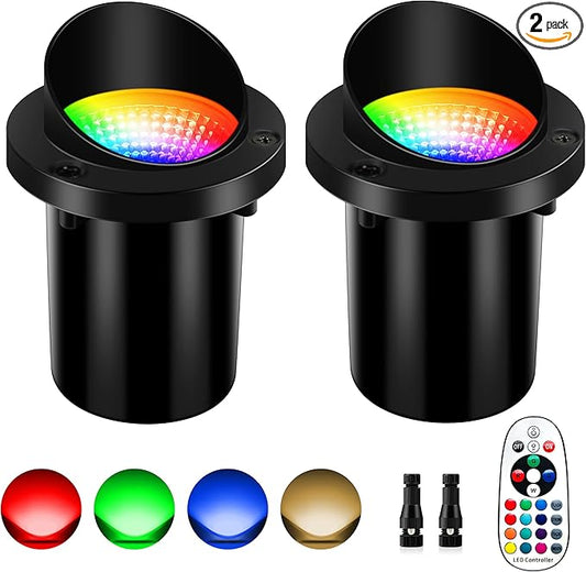 Christmas Outdoor Landscape Lighting RGBW Spotlight,Color Changing Outdoor Ground Light,IP67 Waterproof Pathway Lights,2 Pack Low Voltage LED In-Ground Light for Pathway Garden Yard Fence Deck