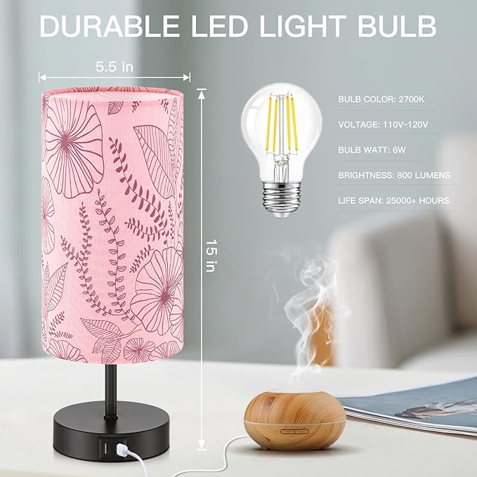 Touch Control Bedside Lamp with 2 USB Ports, 3-Way Dimmable Table lamp for Bedroom, Nightstand Lamp with Round Pink Flower Fabric Shade for Living Room Home Office (E26 LED Bulb Included)