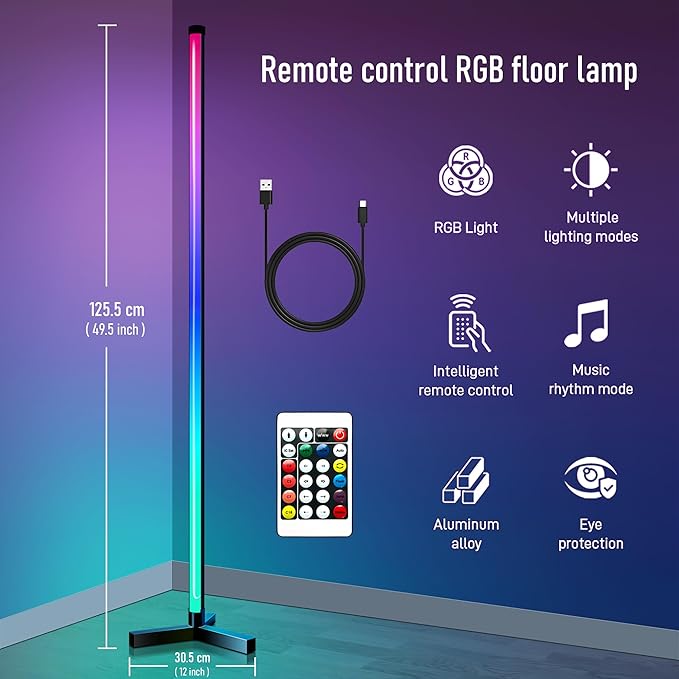 RGB LED Corner Floor Lamp, 16 Million Colors with Music Sync & Remote Control, Dimmable Foldable Minimalist Floor Lamp for Gaming Room, Living Room, Bedroom, Christmas Party Decor