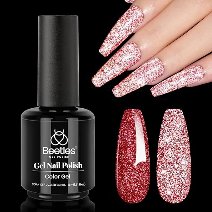 Beetles Red Gel Nail Polish - 15ml Sparkly Glitter Diamond Red Gel Polish for Girls & Women - Soak Off, UV Nail Lamp Included Valentines Gift for Women