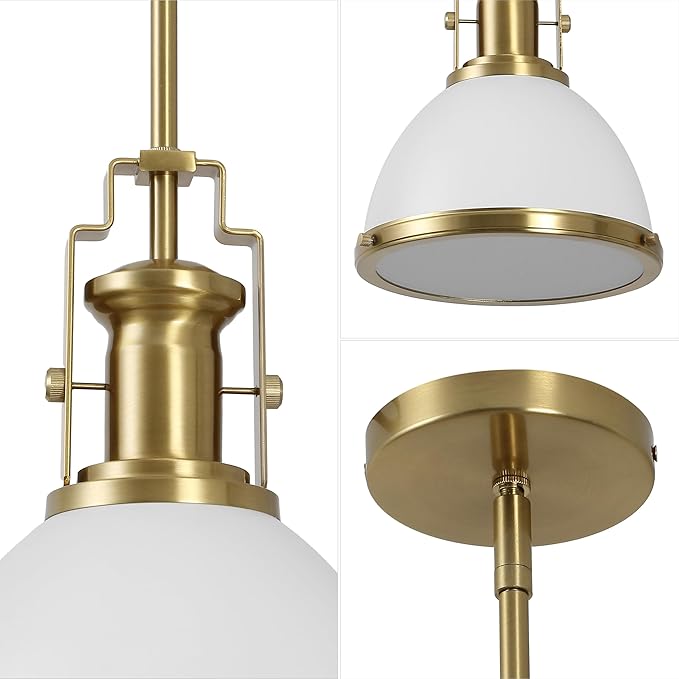 JONATHAN Y 10" Brass Gold/White Modern Industrial Iron LED Dome Pendant Light, Adjustable Hanging Fixture for Kitchen Island or Entryway, Black Metal Shade, LED Bulb Included (JYL9535D)