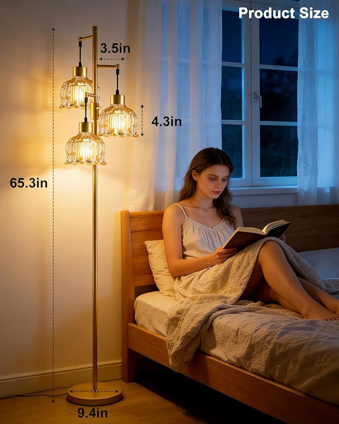 Lightdot 3-Light Lotus Floor Lamps 65'' Dimmable Floor Lamp with Brown Glass Shade& E12 Bulbs Included, Mid Century Tall Flower Lamp for Living Room/Bedroom/Sofa Beside/Corner Decor-Gold