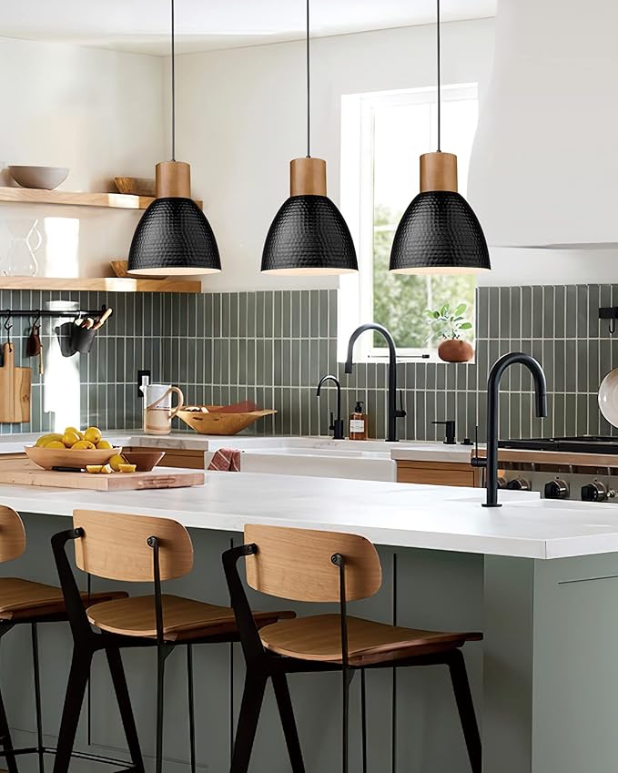 ELYONA Industrial Hammered Pendant Light, Solid Wood Hanging Lamp with 7” Hammered Metal Shade, Farmhouse Pendant Light Fixtures for Kitchen Island, Dining Room, Bedroom, Office, Modern Black, Small